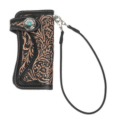 Handmade Tooled Blue Leather Floral Biker Chain Wallet Mens Long Wallet with Chain for Men