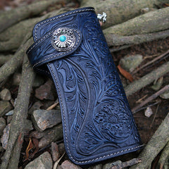 Handmade Tooled Red Leather Floral Biker Chain Wallet Mens Long Wallet with Chain for Men