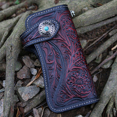 Handmade Tooled Blue Leather Floral Biker Chain Wallet Mens Long Wallet with Chain for Men