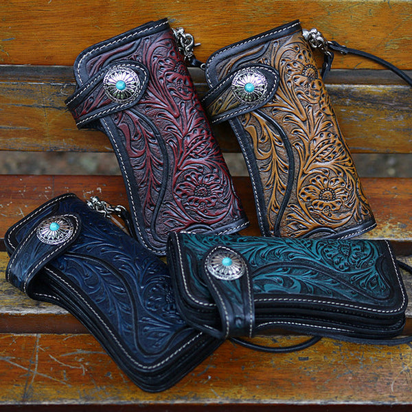 Handmade Tooled Leather Floral Biker Chain Wallet Mens Long Wallet with Chain for Men