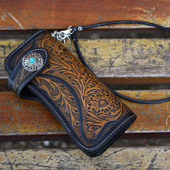 Handmade Tooled Blue Leather Floral Biker Chain Wallet Mens Long Wallet with Chain for Men