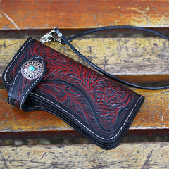 Handmade Tooled Blue Leather Floral Biker Chain Wallet Mens Long Wallet with Chain for Men