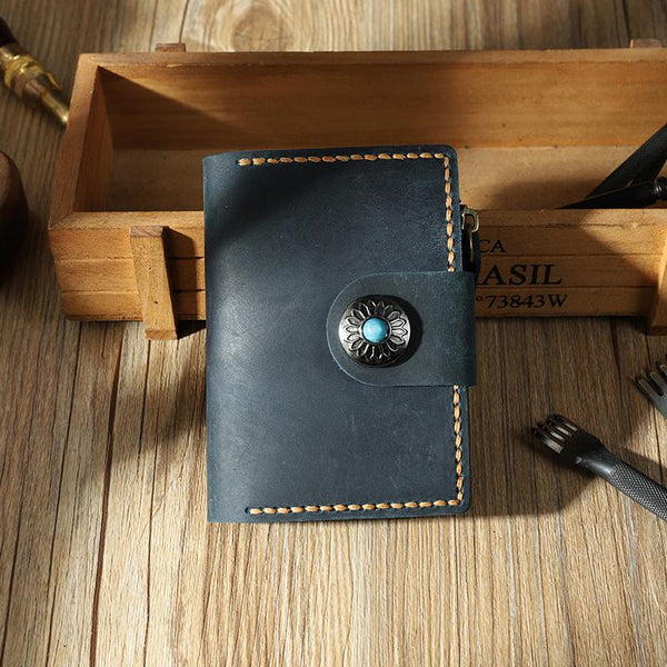 Handmade Vintage Blue Leather Mens Keys Holder Keys Cards Wallet With Coin Pocket for Men