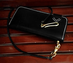 Handmade Black Leather Men's Long Biker Wallet Chain Wallet Long Biker Chain Wallet For Men - imessengerbags