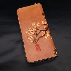 Handmade White Flowers Magnolia denudata Tooled Leather Womens Long Wallet Zipper Clutch For Women - imessengerbags