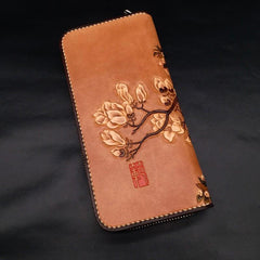 Handmade White Flowers Magnolia denudata Tooled Leather Womens Long Wallet Zipper Clutch For Women - imessengerbags