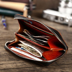 Handmade Cool Mens Leather Zipper Red Small Wallet Green Bifold billfold Wallet for Men