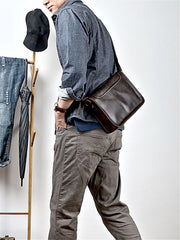 Handmade Dark Coffee Leather Mens 10 inches Courier Bag Brown Messenger Bags Dark Brown Postman Bags For Men - imessengerbags