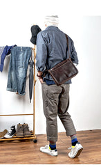 Handmade Dark Coffee Leather Mens 10 inches Courier Bag Brown Messenger Bags Dark Brown Postman Bags For Men - imessengerbags