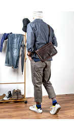 Handmade Dark Coffee Leather Mens 10 inches Courier Bag Brown Messenger Bags Dark Brown Postman Bags For Men