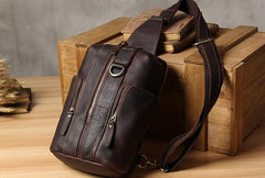Handmade Genuine Leather Coffee Mens Cool Sling Pack Bag Crossbody Bag Chest Bag for men - imessengerbags