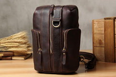 Handmade Genuine Leather Coffee Mens Cool Sling Pack Bag Crossbody Bag Chest Bag for men - imessengerbags