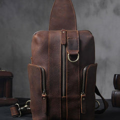 Handmade Genuine Leather Coffee Mens Cool Sling Pack Bag Crossbody Bag Chest Bag for men - imessengerbags