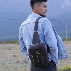 Handmade Genuine Leather Coffee Mens Cool Sling Pack Bag Crossbody Bag Chest Bag for men - imessengerbags
