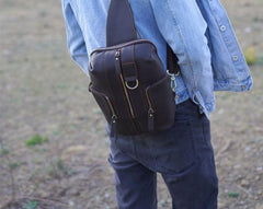 Handmade Genuine Leather Coffee Mens Cool Sling Pack Bag Crossbody Bag Chest Bag for men - imessengerbags