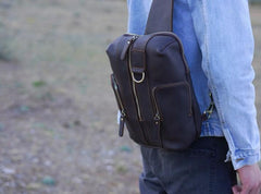 Handmade Genuine Leather Coffee Mens Cool Sling Pack Bag Crossbody Bag Chest Bag for men - imessengerbags