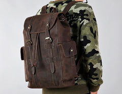 Handmade Genuine Leather Brown Mens Cool Backpack Large Travel Bag Hiking Bag for Men