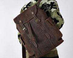 Handmade Genuine Leather Brown Mens Cool Backpack Large Travel Bag Hiking Bag for Men
