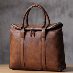 Mens Brown Gray Cool Handbag Handmade Genuine Leather Vintage Briefcase Work Bag Business Bag for men