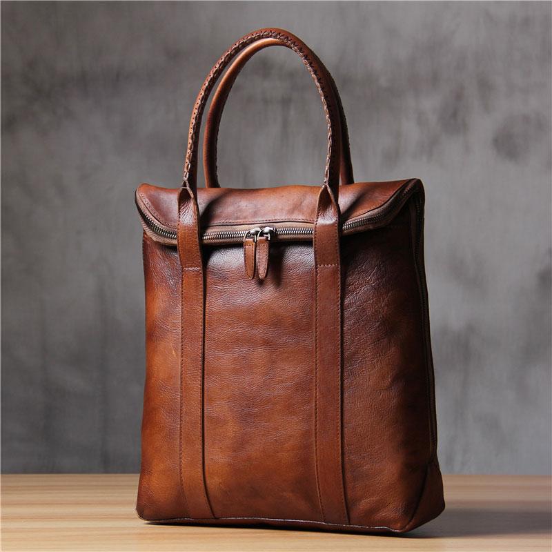 Handmade Genuine Leather Vintage Mens Brown Gray Cool Handbag Briefcase Work Bag Business Bag for men