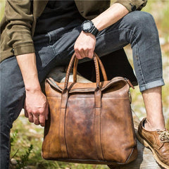 Cool Mens Gray Brown Leather Handbag Briefcase Handmade Genuine Vintage Work Bag Business Bag for men