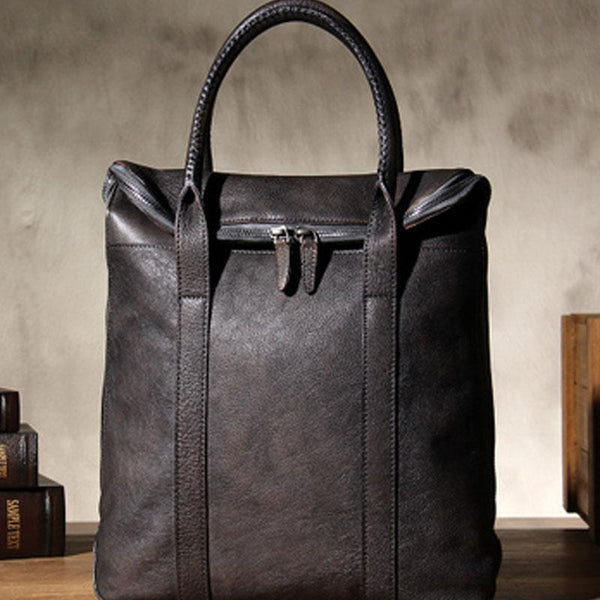 Cool Mens Gray Brown Leather Handbag Briefcase Handmade Genuine Vintage Work Bag Business Bag for men