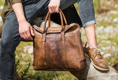 Cool Mens Gray Brown Leather Handbag Briefcase Handmade Genuine Vintage Work Bag Business Bag for men