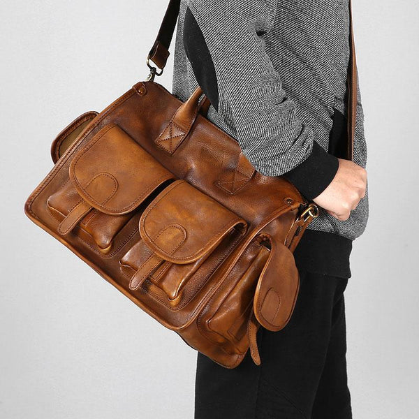 Handmade Genuine Leather Vintage Brown Mens Travel Bag Cool Messenger Bag Shoulder Bag Handbag for Men