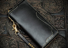 Handmade Leather Black Chain Wallet Mens Biker Wallet Cool Leather Wallet Long Phone Wallets for Men - imessengerbags
