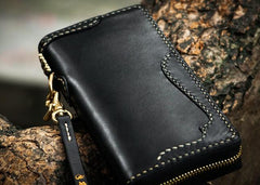 Handmade Leather Black Chain Wallet Mens Biker Wallet Cool Leather Wallet Long Phone Wallets for Men - imessengerbags