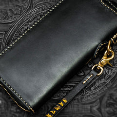 Handmade Leather Black Chain Wallet Mens Biker Wallet Cool Leather Wallet Long Phone Wallets for Men - imessengerbags