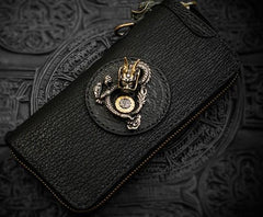 Handmade Leather Black Sharkskin Chain Wallet Mens Biker Wallet Cool Leather Wallet Long Phone Wallets for Men