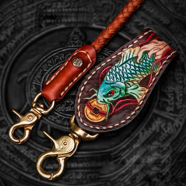 Handmade Leather Braided Biker Trucker Tooled Carp Wallet Chain for Chain Wallet Biker Wallet Trucker Wallet - imessengerbags