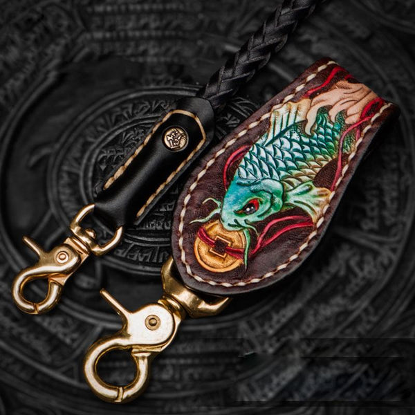 Handmade Leather Braided Biker Trucker Tooled Carp Wallet Chain for Chain Wallet Biker Wallet Trucker Wallet - imessengerbags