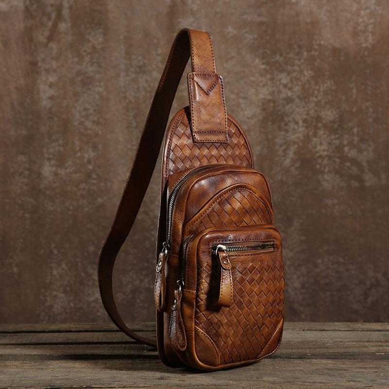 crossbody travel bag men's Braided Leather Sling Bag Mens Cool Chest Bag Crossbody Backpack One Strap Backpack for Men