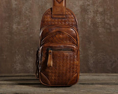 Handmade Leather Braided Mens Cool Chest Bag Sling Bag Crossbody Bag Travel Bag Hiking Bag for men