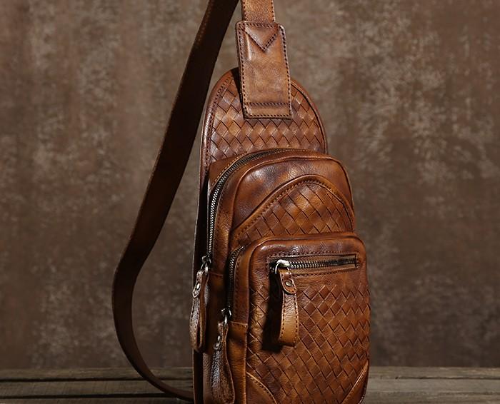 Braided Leather Sling Bag Mens Cool Chest Bag Crossbody Backpack One Strap Backpack for Men