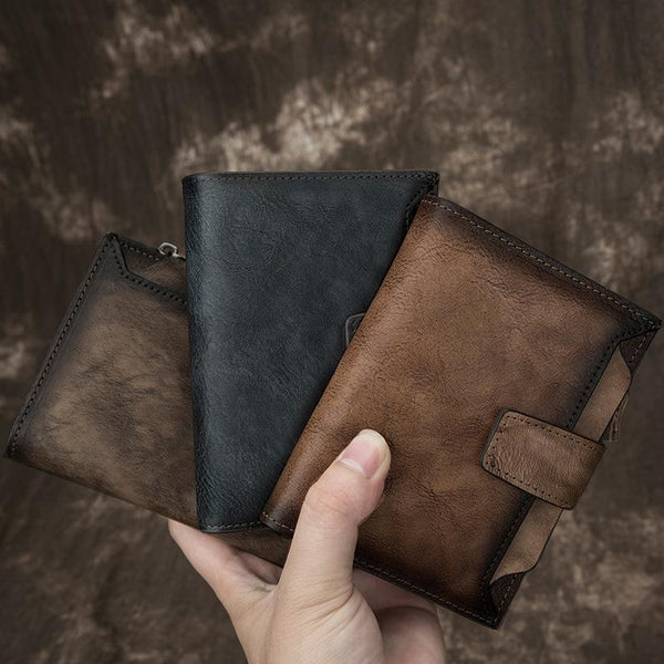 Handmade Leather Brown Men's Zipper Small billfold Wallet Bifold Wallet Card Wallet For Men