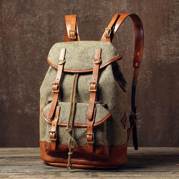 Handmade Leather Canvas Mens Cool Backpack Sling Bag Large Travel Bag Hiking Bag for Men - imessengerbags