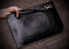 Handmade Leather Tibet Scriptures Tooled Wristlet Bag iPad Bag Mens Cool Leather Wallet Long Clutch for Men - imessengerbags