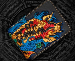 Handmade Leather License Wallet Tooled Carp Mens billfold Wallet Cool Leather Wallet Slim Wallet for Men - imessengerbags