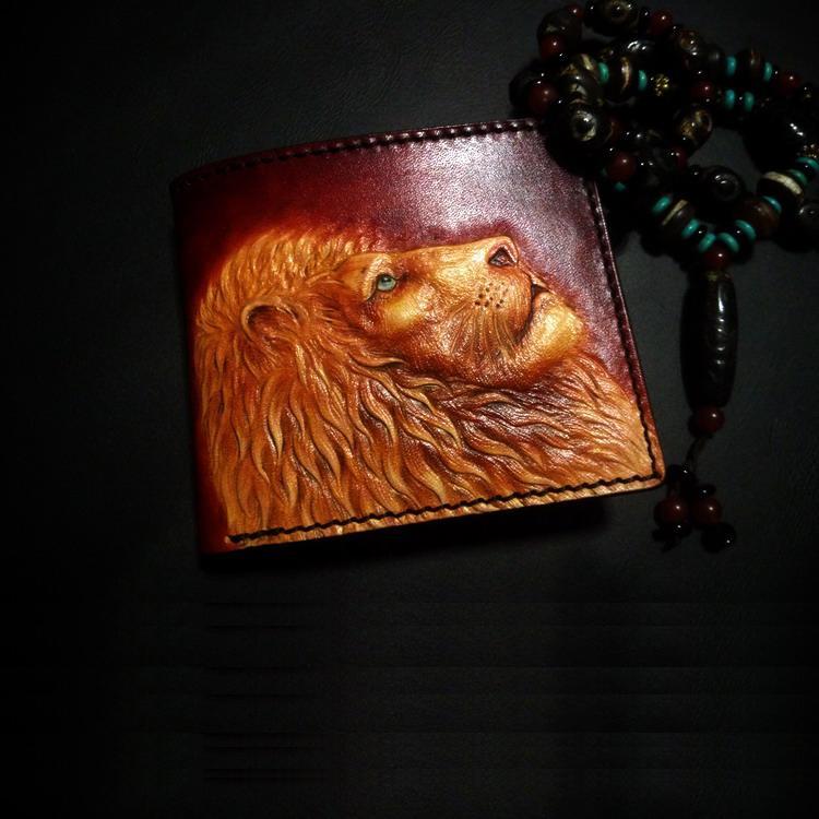 Handmade Leather Lion Tooled Mens billfold Wallet Cool Leather Wallet Slim Wallet for Men - imessengerbags