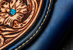 Handmade Leather Men Tooled Blue Floral Cool Leather Wallet Long Phone Clutch Wallets for Men - imessengerbags