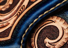Handmade Leather Men Tooled Blue Floral Cool Leather Wallet Long Phone Clutch Wallets for Men - imessengerbags