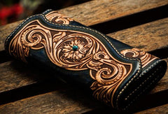 Handmade Leather Men Tooled Blue Floral Cool Leather Wallet Long Phone Clutch Wallets for Men - imessengerbags