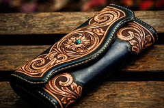 Handmade Leather Men Tooled Blue Floral Cool Leather Wallet Long Phone Clutch Wallets for Men - imessengerbags