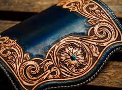 Handmade Leather Men Tooled Blue Floral Cool Leather Wallet Long Phone Clutch Wallets for Men - imessengerbags