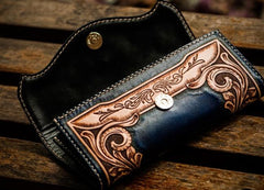 Handmade Leather Men Tooled Blue Floral Cool Leather Wallet Long Phone Clutch Wallets for Men - imessengerbags