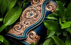 Handmade Leather Men Tooled Blue Floral Cool Leather Wallet Long Phone Clutch Wallets for Men - imessengerbags