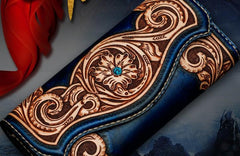 Handmade Leather Men Tooled Blue Floral Cool Leather Wallet Long Phone Clutch Wallets for Men - imessengerbags